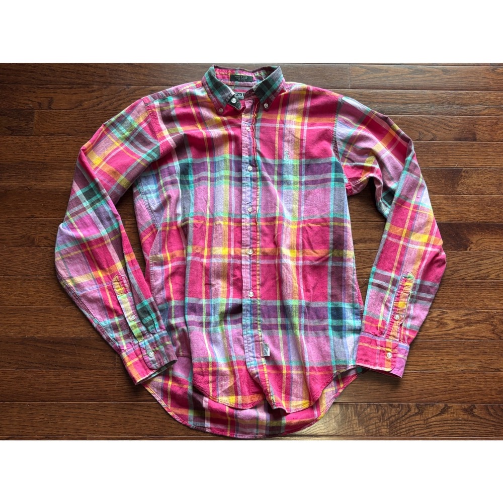 Vintage Polo Ralph Lauren Boys 18 Shirt Made USA Madras Plaid Pink Pony Long Slv
